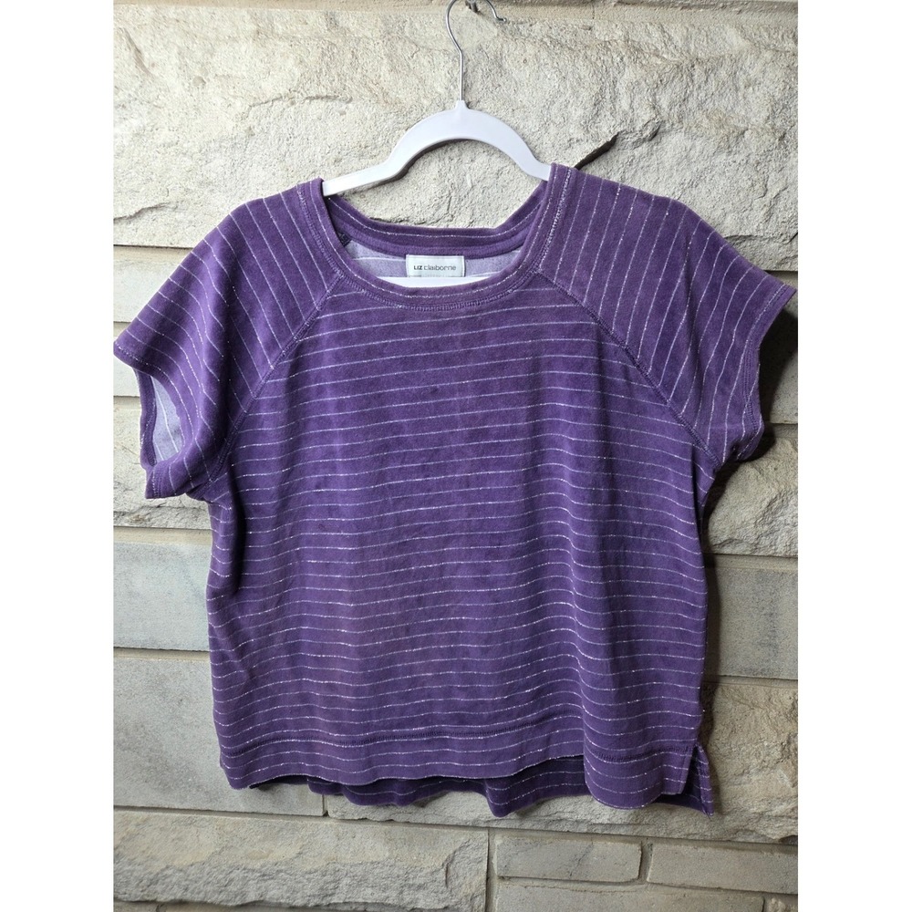 Liz Claiborne Purple Striped Short Sleeve Raglan Top Metallic Silver Accents